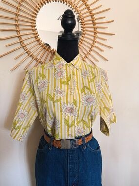 1970s Floral Stripe Button-Up Top in Yellow
